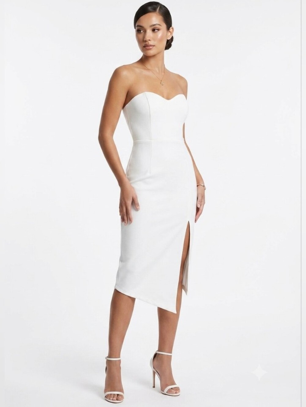 privy Strapless White Midi Dress with Front Slit Small